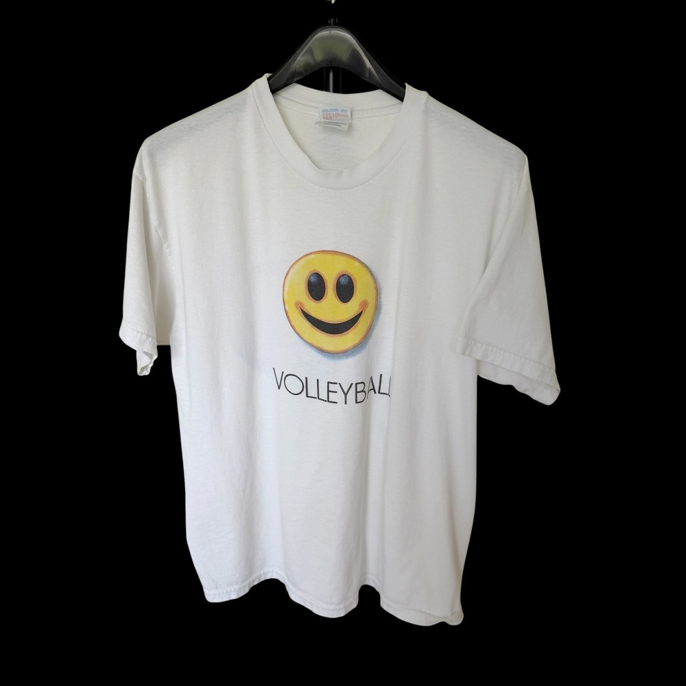 90's Volleyball Smiley Face T-Shirt White Large L Distressed Beach Boho‎